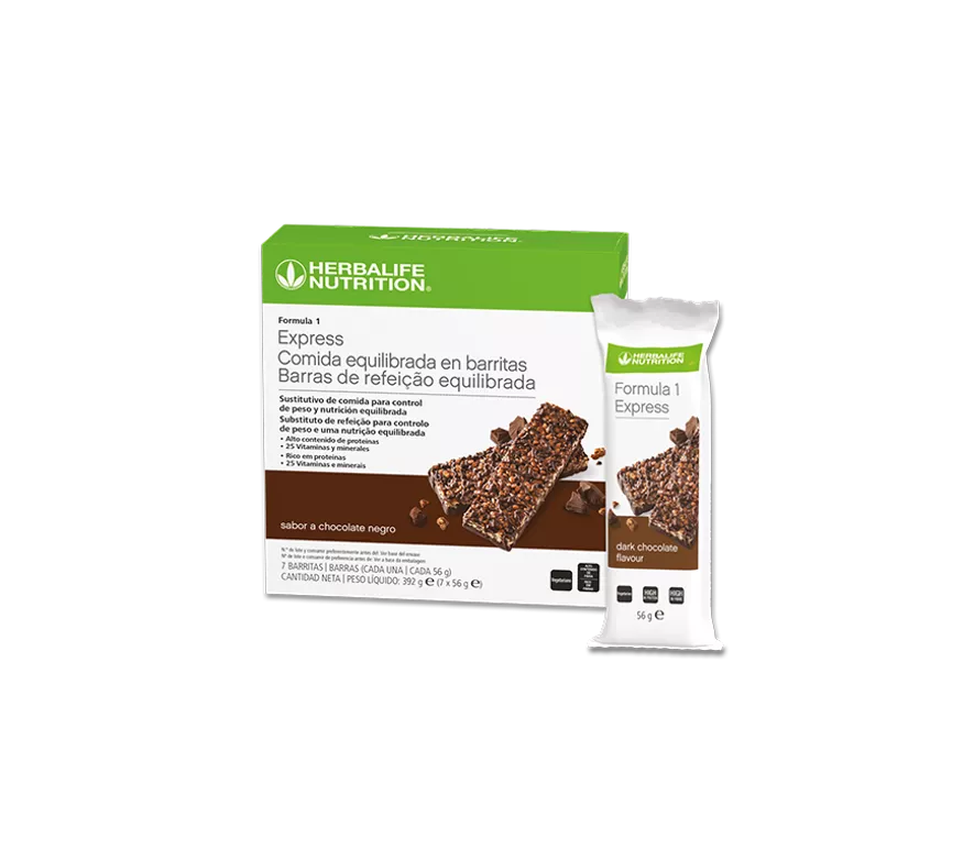 Caja y barrita Herbalife Fórmula 1 Express sabor chocolate negro
