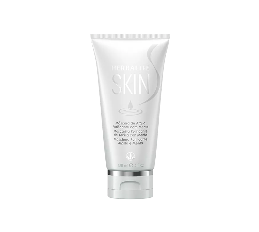 Mascarilla purificante de arcilla con menta Herbalife Skin en tubo gris.