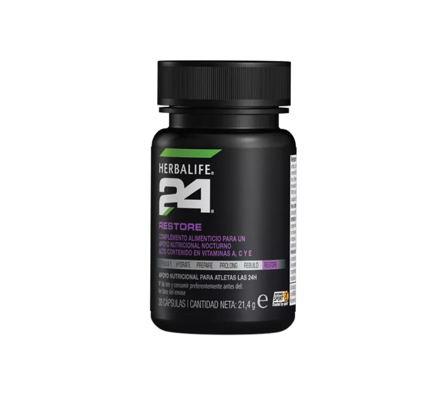 Frasco de Herbalife24 Restore, complemento alimenticio nocturno con vitaminas A, C y E.
