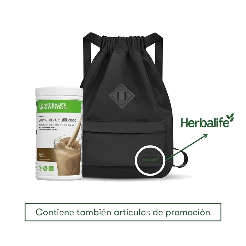 Paquete de miembro Herbalife con batido Fórmula 1 sabor café latte y mochila promocional negra.