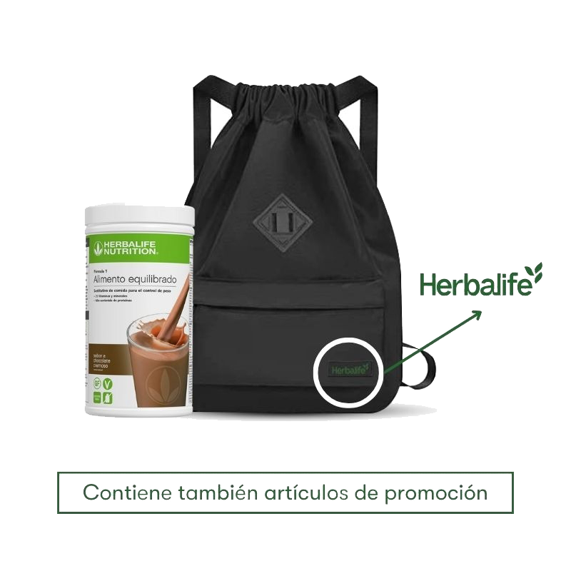 Paquete de miembro Herbalife con batido Fórmula 1 sabor chocolate cremoso y mochila negra promocional.